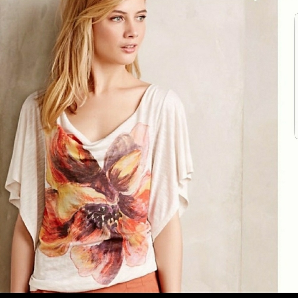 Anthropologie Cream Floral Print Draped Top